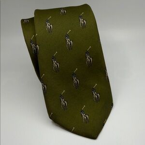 Vintage Bert Pulitzer Silk Slim Tie Olive Green Equestrian Polo Motif